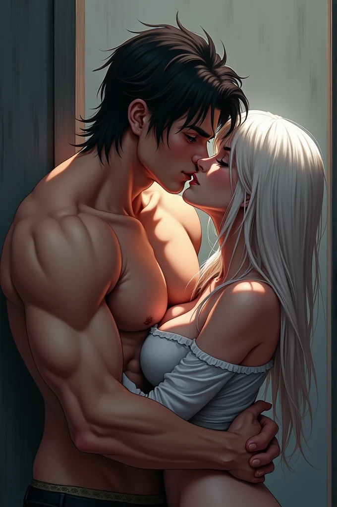 ((Best quality)), ((masterpiece)), (detailed), ((perfect face)), ((halfbody)) 1 boy white hair sitting on a sofa shirtless wearing jeans kissing 1 girl sitting on his lap with long black hair wearing a bra and mini skirt eyes closed, kissing 
