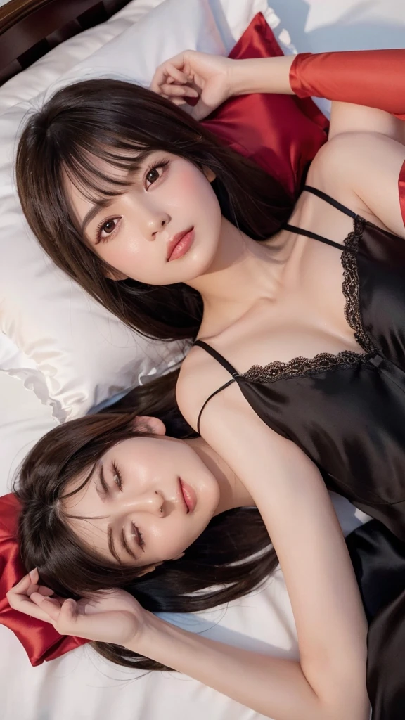 masterpiece, One woman per photo, Full Body Shot, Composition looking down at the subject from above, Young and beautiful woman in Japan, Super cute face, Age 20, Shoulder-length hair, Sleep on a silk bed, Open your mouth wide, With white lace, She is wearing only a sleeveless silk satin chemise of deep black color, Perfect Beautiful long shiny hair, Big Breasts, Wet body, Glossy Lips, Attractive person, She is lying on her back on a silk bed with her legs spread apart, Silk pillow, Silk bed sheets, Double eyelids on both eyes, Natural Makeup, Long eyelashes, Shiny and smooth light brown hair, Asymmetrical bangs, Fair skin, Center image, 8k resolution, Attention to detail, Detailed hairstyle, Detailed face, Spectacular movie lighting, Octane Rendering, Vibrant, Ultra-realistic, Perfect limbs, Perfect Anatomy