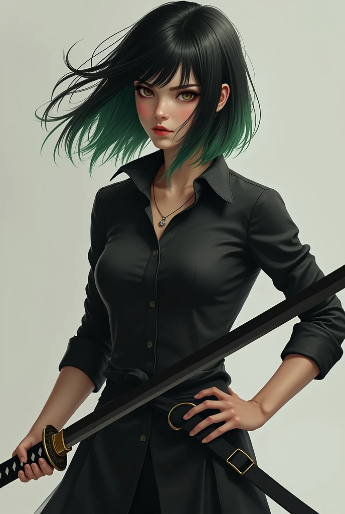 Fille réaliste avec une chemise noire, cheveux mi-long noir avec des pointes vertes, avec un katana à la main