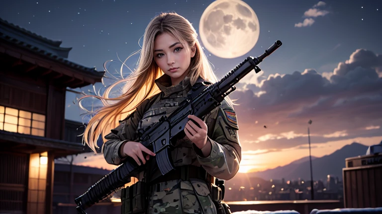 Photorealistic、Realistic skin texture、high resolution、High definition、Arabian girl in camouflage uniform、There is a Japanese flag patch on the shoulder.、Very beautiful 1 female soldier、Aiming an automatic rifle、Rapid-fire rifle、Blonde medium-long hair、New York night view、A military helicopter flies in the sky、The background is a skyscraper district、Smoky battlefield、Night Sky、Full moon in the sky、The person is a full-body angle、Watching the audience