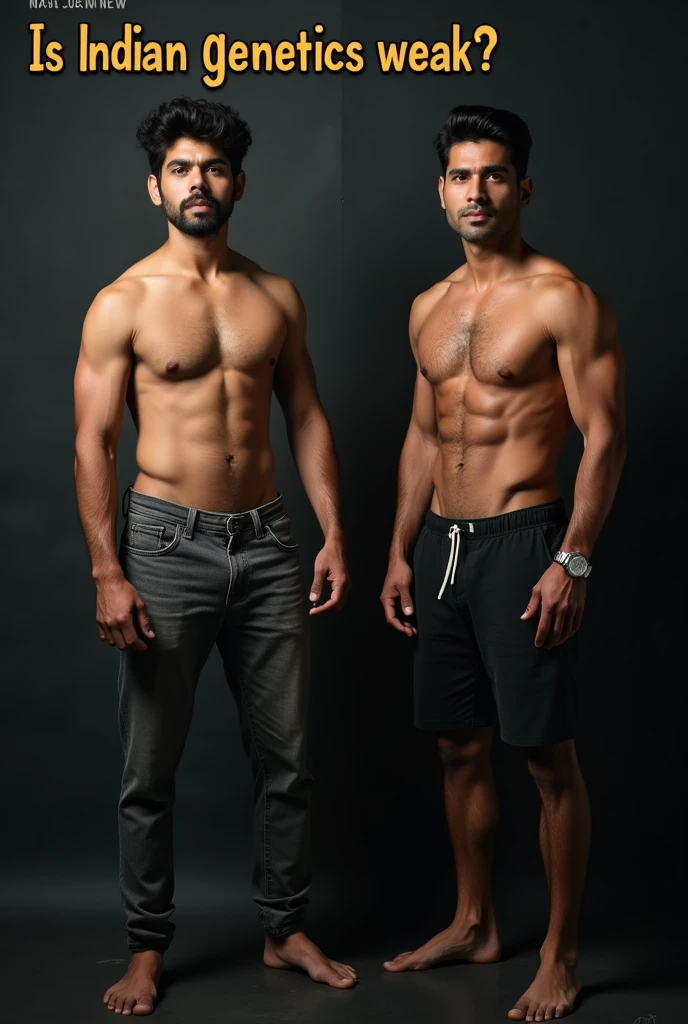 "Create a thumbnail with two men as the central focus. On the left side, depict an Indian man with a weak physique, looking unattractive and lacking in muscle definition. On the right side, show a foreign man with a strong, muscular, and attractive physique. The Indian man should appear less confident, while the foreign man should exude confidence and attractiveness. The background should have a dark, contrasting color scheme to make the characters stand out. At the top of the thumbnail, include bold text that reads 'Is Indian Genetics Weak?' The text should be eye-catching and complement the dark background."