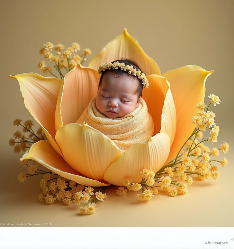 there is a  sleeping in a flower with a headband, an album cover inspired by Anne Geddes, shutterstock contest winner, art photography, yellow theme, maternal photography 4 k, wrapped in flowers, yellow backdrop, stunning photoshot, shades of gold display naturally, golden theme, cute photo, absolutely outstanding image, on a yellow canva