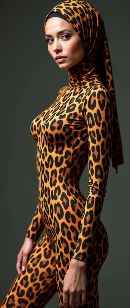 the beautiful,slender thin and clever Malaysian muslimah adult female girl with beautiful cheeks wears white colour leopard print lycra turtleneck unitard catsuit covered with black seamless spots and always wear white leopard colour print lycra elastane stretchy dance wear hijab covered with leopard seamless spots.She is very super beautiful.
