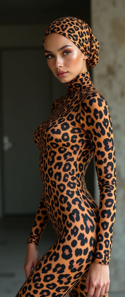 the beautiful,slender thin and clever Malaysian muslimah adult female girl with beautiful cheeks wears white colour leopard print lycra turtleneck unitard catsuit covered with black seamless spots and always wear white leopard colour print lycra elastane stretchy dance wear hijab covered with leopard seamless spots.She is very super beautiful.