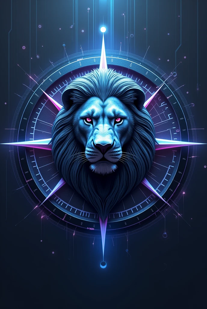 logo de société vu de face, représentant une boussole au design très technologique. Au centre de la boussole se trouve un lion futuriste, symbole de puissance et d'autorité. Le mot "AI" est gravé sur le front du lion, soulignant l'importance de l'intelligence artificielle. Le design doit inspirer l'excellence, la rigueur, et la force, tout en mélangeant des éléments raffinés et bruts dans un style minimaliste. Utilisez une variation de bleu et de violet pour tout le logo, créant une esthétique futuriste et high-tech. Le logo doit être symétrique, équilibré, et imposant, avec une présence qui combine sophistication et robustesse
