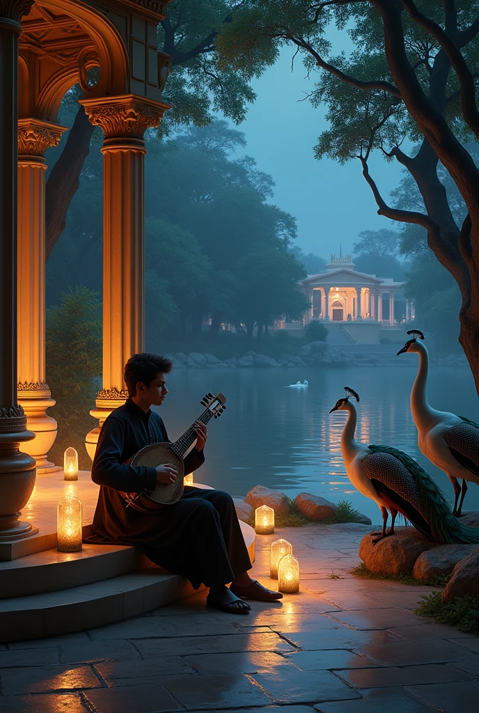 Night background with moon
Hindustani hall
Inside hall a young handsome men with black diamond kurta with Hindustani music instrument
Besides him lamps n Tamil cultural stuffs
Around the hall river with swans and peacock on the rock with proud or in the top of hall
Trees 
A bit far n peacock n building visible more more classy romantic n make the Tamil cultural top of everything  Tamil building Tamil building  not guitar but Indian music instrumental  peacock n swan more visible  the most most beautiful image ever exist in the world 