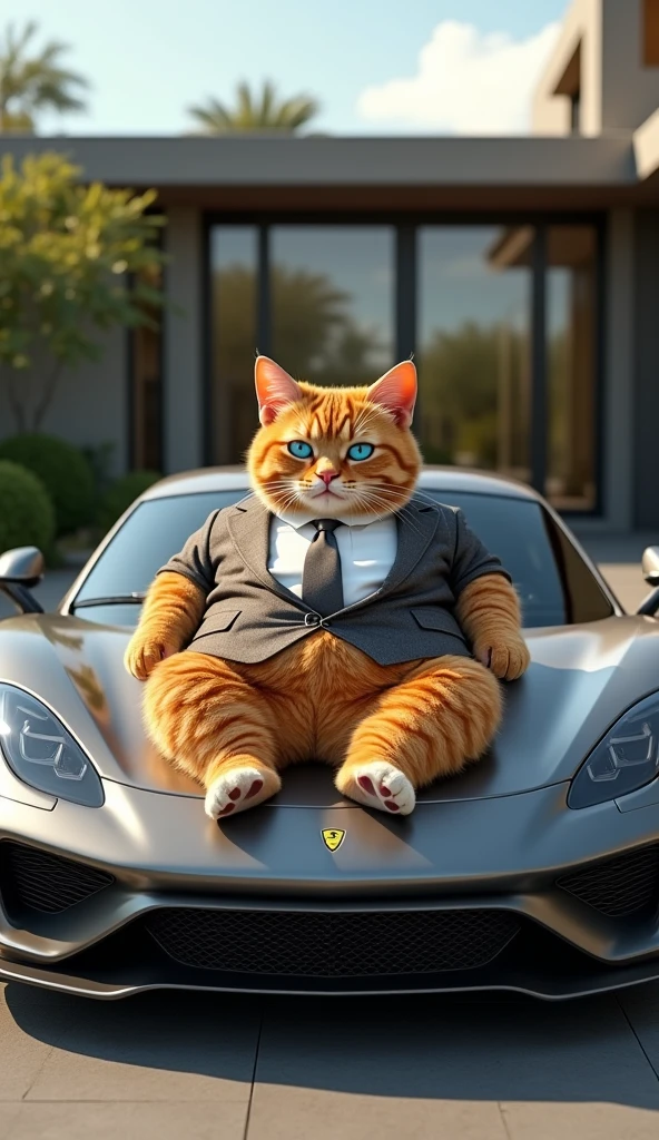 Make a picture of a fat orange cat with blue eyes, flat nose, facing the camera, pakai jas, sports shoes and tie, sitting relaxed on the hood of a luxury sports car with a modern luxury house in the background, Wide, full body, 8k super realistic