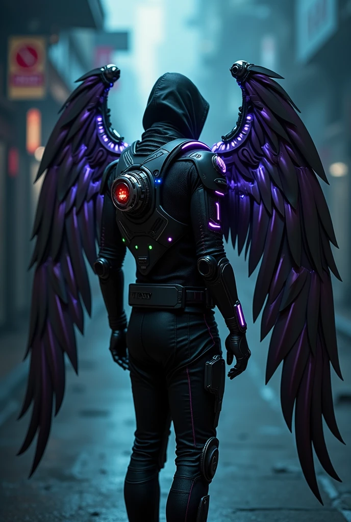  
A man stands with his back to the viewer, dressed in futuristic tactical gear. His outfit is a mix of modern tank designs and high-tech elements, mainly in black, with purple accents, silver, neon blau, and red. On his back, he has mechanical wings made of shiny metal, adorned with neon lights that glow in blue and red. The wings are elaborately designed, with a touch of futuristic technology. The man is wearing a hood, which is pulled low over his head, his face hidden in the shadow. The scene is dark and mysterious, with a slightly futuristic shimmer from the neon lights. The wings are reminiscent of angel wings and are retracted. The wings are bigger than the man. The wings are attached to his back 