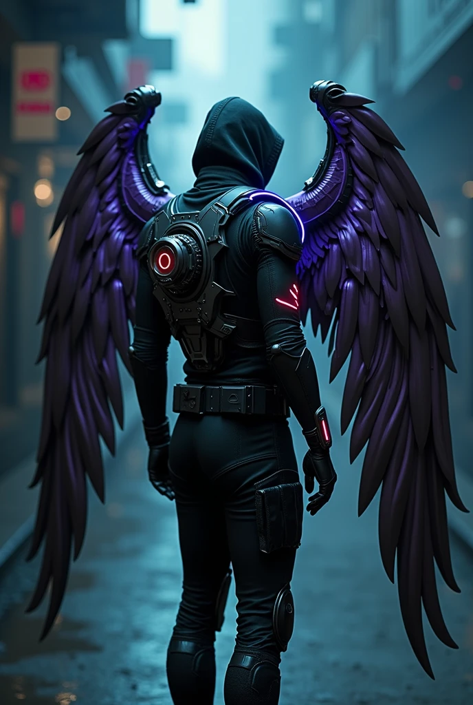 A man stands with his back to the viewer, dressed in futuristic tactical gear. His outfit is a mix of modern tank designs and high-tech elements, mainly in black, with purple accents, silver, neon blau, and red. On his back, he has mechanical wings made of shiny metal, adorned with neon lights that glow in blue and red. The wings are elaborately designed, with a touch of futuristic technology. The man is wearing a hood, which is pulled low over his head, his face hidden in the shadow. The scene is dark and mysterious, with a slightly futuristic shimmer from the neon lights. The wings are reminiscent of angel wings and are retracted. The wings are bigger than the man. The wings are attached to his back