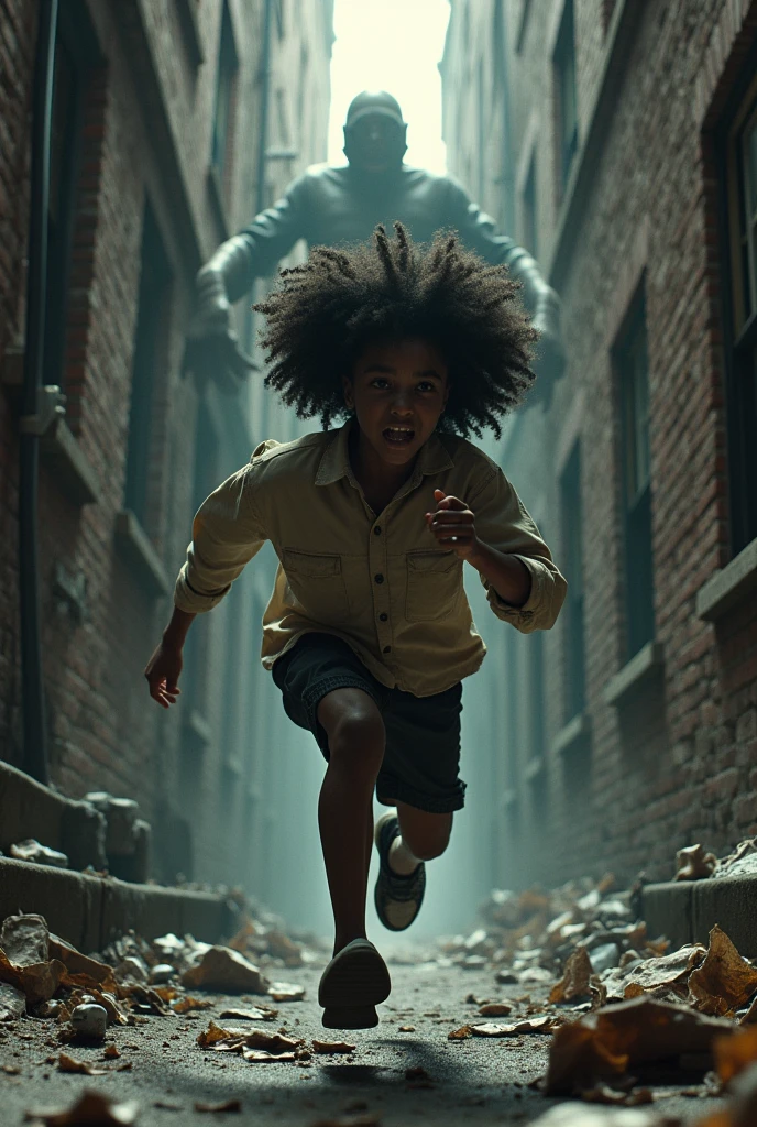 A black ager with a curly bush runs in fear in a city alleyway running in fear from a monster