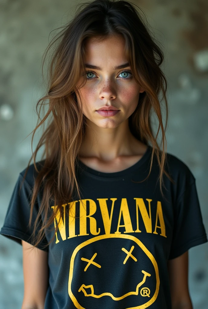 A grunge girl with light brown hair and blue eyes in a nirvana crop top