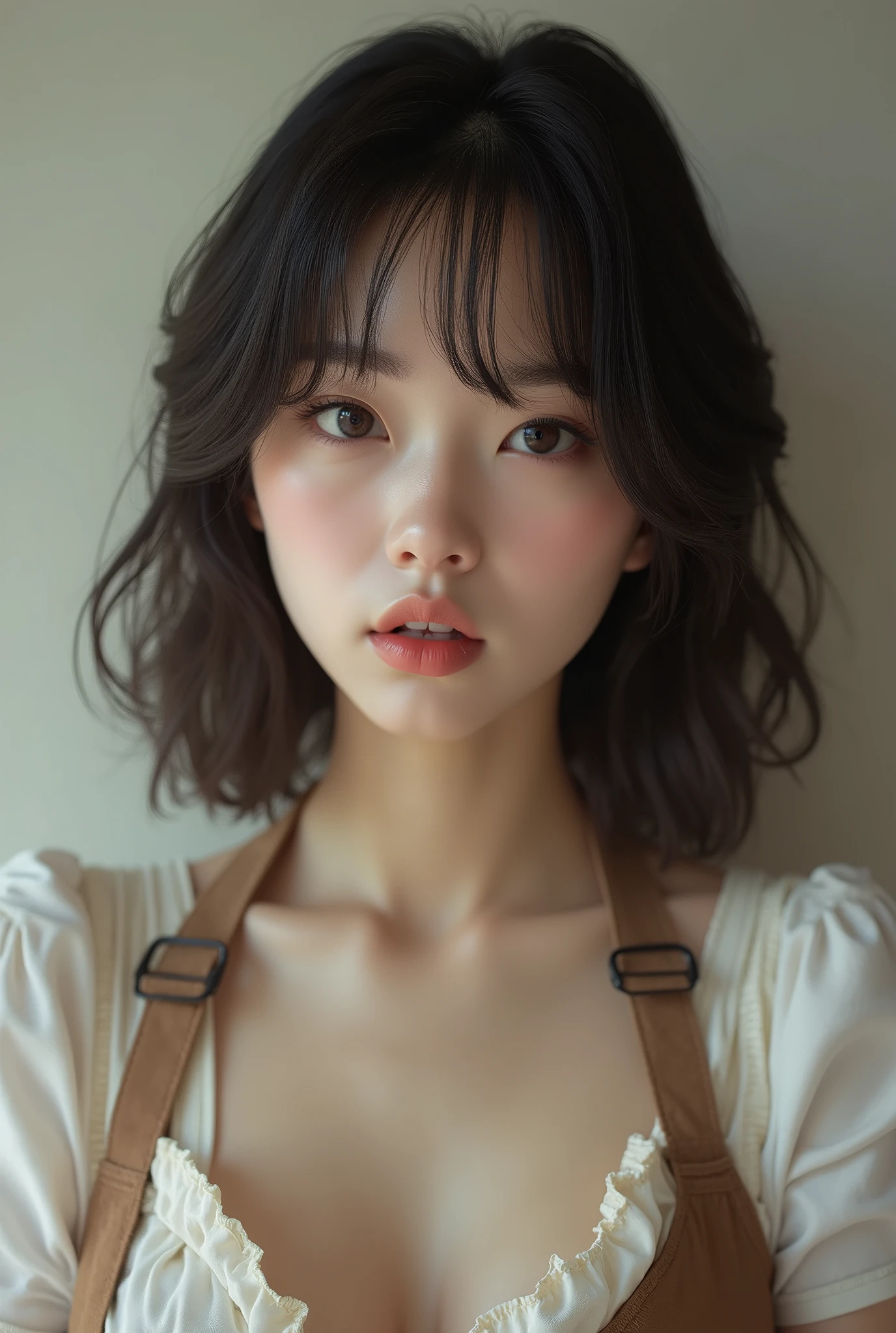 Similar to Japanese actress Kyoko Fukada、Hair at shoulder length　apron　Mouth open、E cup breasts　whole body　
