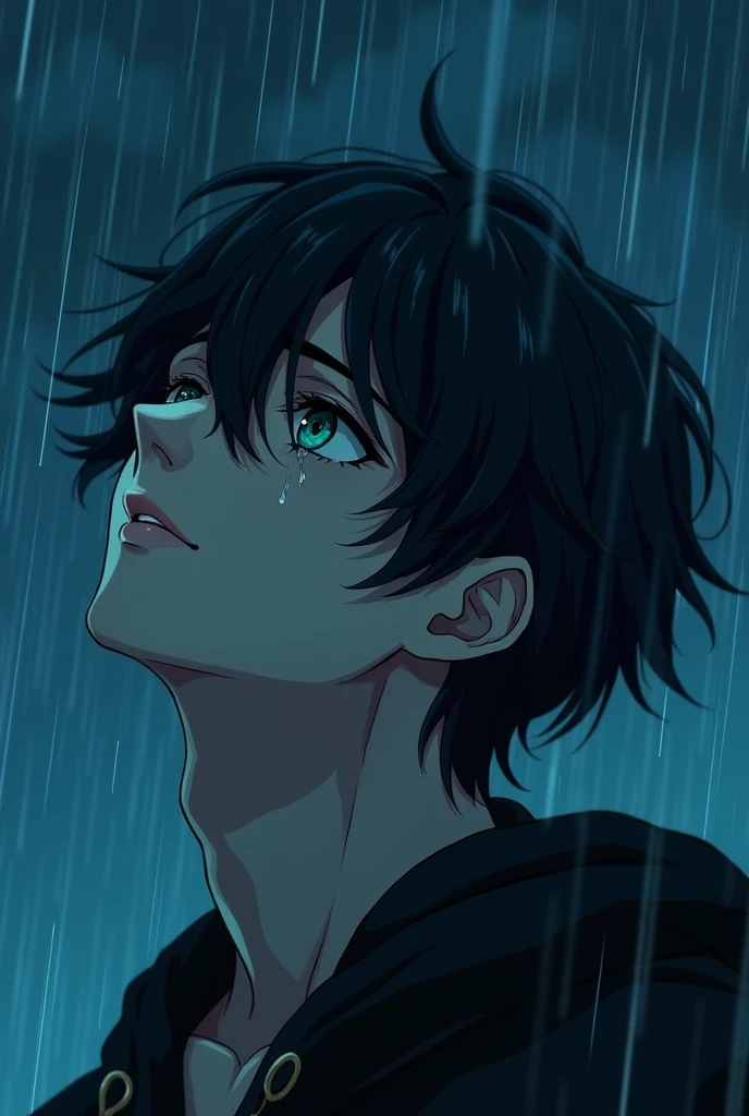 Sexy male, black long hair, fascinating teal blue eyes, white and pale skin, delicate and perfect facial features. No body or facial hair. Raining. Rain pouring down. Midnight. (((Side profile)) He's crying. Looking at the sky and crying. ((Side profile)) His tears mingle with the rain. (Smiling)) ((crying and looking up at the sky)) (((side profile)) ((gloomy)) ((masterpiece)) ((breathtaking)) (super detailed)) ((perfect nose, perfect face)) his tears mingle with the rain. Smiling. ((Anime style))