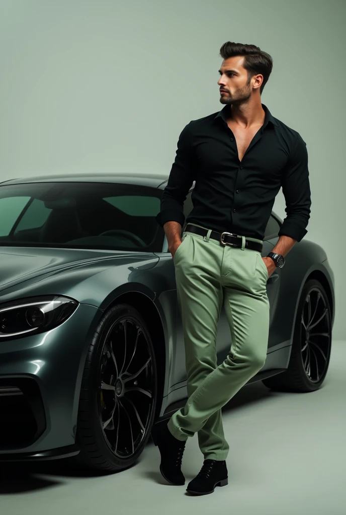 Men Car Pose with Black shirt and light green dress pent in sexy look