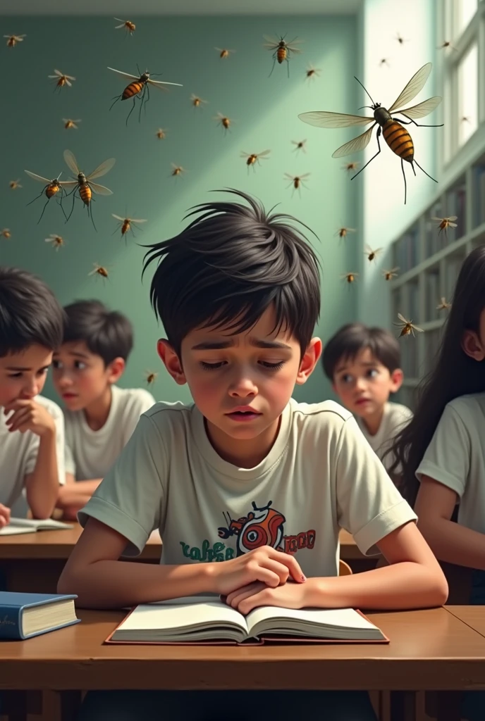 Many mosquito are flying or a boy whom seating in library, wearing LA name logo tshirt or holding a Bold language name Raj.Gk book and other students are also seeting his behind, in the background showing a bold language name*Lavansh Library* , watching mosquito with stress face, realistic image
