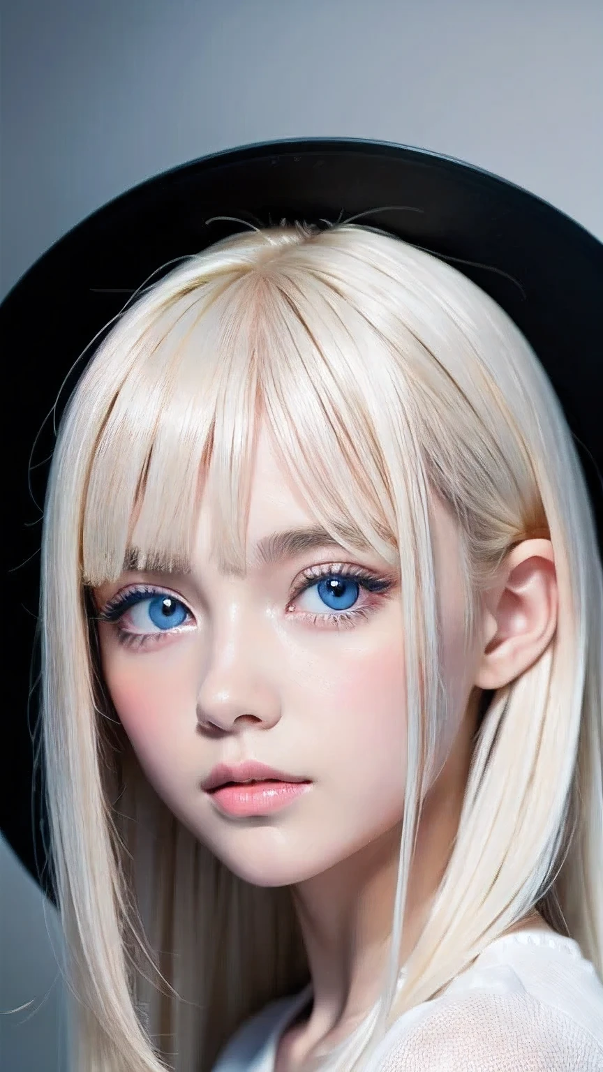 A perfectly beautiful face、Messy silky beautiful blonde hair、A beautiful 1 Scandinavian beauty、Very beautiful beautiful bright pale sky blue big eyes、Very long beautiful natural platinum blonde silky shiny hair、Long beautiful bangs、Very big eyes、Small Face Beauty、eyeliner、very white shiny skin、Gloss Face、Cheek gloss、Hair above the eyes、片Hair above the eyes、Hair between the eyes、