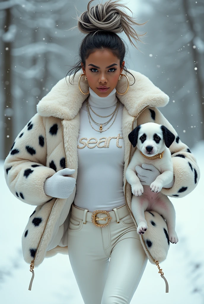 beautiful tanned polynese woman, wearing a designer fur puffer long dalmatian print jacket , and white turtle neck t-shirt underneath the coat, write "SEAart" with glitter on t-shirt, (t-shirt tucked in) (t-shirt underneath skirt) tucked in the t-shirt inside underneath white leather pants, white leg warmer, white leather gloves, white fur ear muffs, chain necklace, diamond rings, hoop earring, big diamond buckle leather belt, thick eyebrows, photorealistic, masterpiece, moncler, messy bun white highlighted hair, open the jacket, lips pouting, pouts, outdoor snowy place background with smokes, glitters and particles of snows and nice lighting, UHD, HDR, 8k, Masterpiece, running and holding a dalmatian puppy wearing gold collar and fur white coat, running, fish eyes