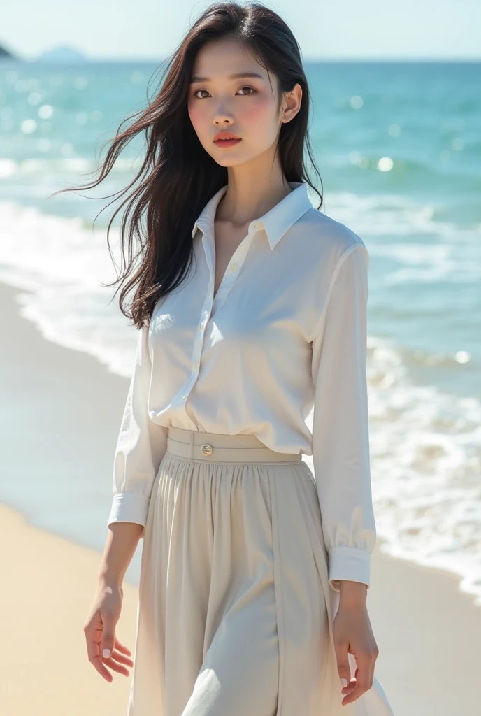 ((best quality)), ((masterpiece)), (detailed), perfect face,2 Japanese women,Teen without makeup,Standing with your whole body,Clean down to the toes,huge breasts:1.3,huge breasts:1.3,High burst top:1.3,Hard, round chest:1.3,white shirt,long skirt,((No Pat,Not good)),bright smile,Soft sunshine on the beach,Depth of the topic,sharply focused,natural and soft light