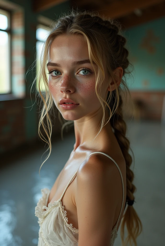16-years old, A thin 1 girl with long blonde braids is performing ballet in a way that emphasizes her body lines., Without clothes, flat chest, Small breasts, Makeup is smudged, extra lessons, Perfect Lips, Braces, freckles, Big eyes,blue eyes, sweating, sweat profusely, Wet, Very detailed, Highest quality, Very detailed face, Perfect Lightning, Ballet Studio, background, Sexy, erotic, Individuality, 4K, masterpiece, naked