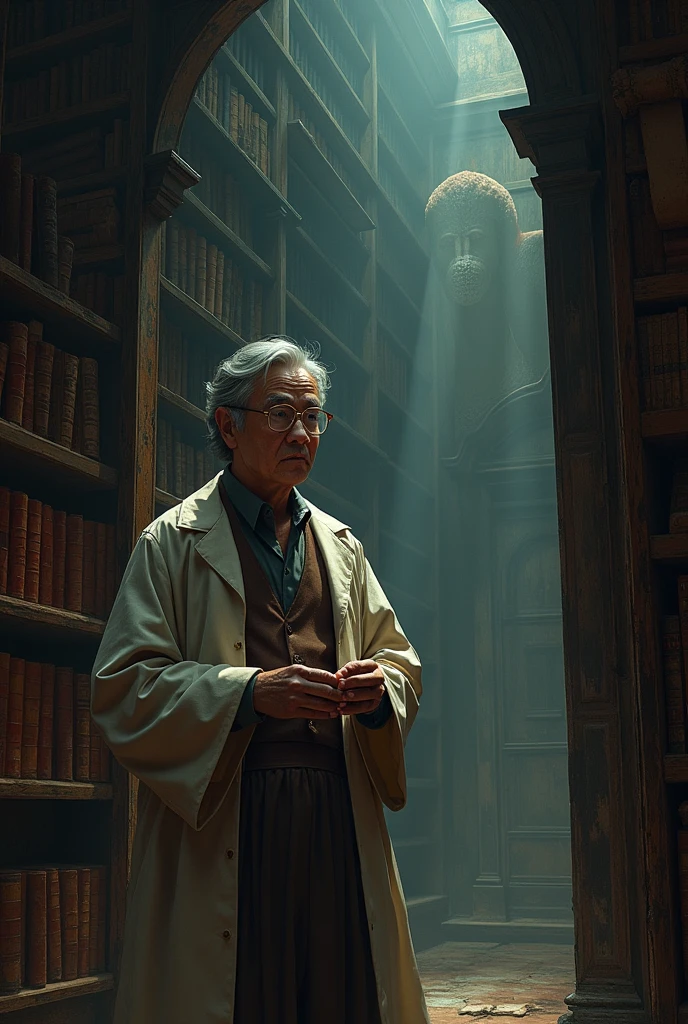 
Prompt: Dr. Pathorn Suthinnont in the Library

In the dimly lit, ancient library of Mae Fa Luang University, Dr. Pathorn Suthinnont, the reclusive scholar of arcane studies, meticulously searches through towering shelves filled with dusty, leather-bound tomes. His eyes, sharp and focused, scan the faded manuscripts and cryptic scrolls for a long-lost piece of knowledge that holds the key to a forgotten prophecy. As he uncovers hidden compartments and ancient texts, the library itself seems to come alive, whispering secrets from the past and challenging Dr. Pathorn’s resolve. Describe the tension and intrigue of Dr. Pathorn's search. What critical information does he uncover, and how does it connect to his ongoing research?



character in mid Tall, with a scholarly demeanor. Wears a mix of traditional Thai clothing and modern academic attire, often seen with a well-worn lab coat and glasses perched on his nose. His hair is streaked with gray, and he carries an air of quiet authority.