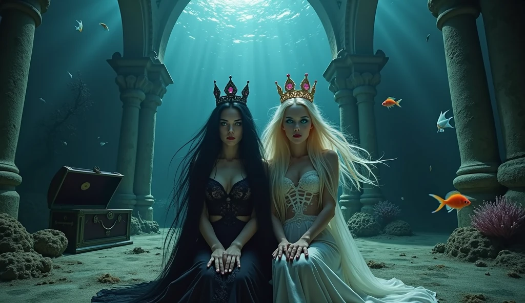 A full-body shot,(extra wide angle 16:9 a big ballroom) portrait. 2, super realistic 18 y.o. gorgeous European vampire twin queens, Hyper-realistic blue sharp eyes, black long hair with black crowns, wearing necklaces and earrings 1:1 and 3 gorgeous queens girlfriends with light blonde long hair, wearing on head gold crowns with pink crystals. In a dark deep sea (big medieval ballroom very old realistic 1:3 in an old gothic palace), under the sea. Floating. Night scene. Ripped many layered silk and lace medieval dresses floating. Frayed apart floating lace dresses. Gold garnish. The queens have a big light-colored very finely detailed eyes, black super-long hair. Their exquisite girlfriend queens with big bright blue finely detailed eyes 1:!. have an extra long flowing hair, gold crown. Pale pink and black beautiful lace dresses. Dresses in many layered lace and chiffon riven and flowing (Best perfect hands, five fingers on each hand.) Small breasts cleavage, (hyper realistic perfect eyes 1:3). Face with Pale perfect detailed skin. Hyper detailed skin on body. Queens surrounded by Perished under-water gothic palace 1:1 On the bottom of the sea are golden crowns 1:1, adorned with pink crystals 1:1. Bright colored blue, pink, orange, green fishes swimming around. Pink Corals. Sea moss. Octopus. Treasure chest with gold coins and jewelry in it. The scene a beautiful queens swimming ghostly, their super long 1:1 hair flowing all around. Sad. Scared. Crystal wine glasses—one tipped over and broken on the seafloor,. (Super detailed faces)1:1. Super detailed eyes)1:1. In a fantastic scene that uses 3D Surreal 3D model. Best eyes 1:1 The entire setup is masterpiece 1:3 framed with the grandeur of medieval gothic style. photographed in a Canon EOS R5, 50mm Lens, F/2.8, (8K)"