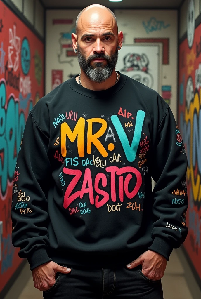 Main rapper Vito Mc white rapper 90 kg 1.70 tall bald short black beard with gray hair and mustache wearing black sweatshirt with graffiti that says Vito Mc next to Dr Dre Eminem Nate Dog 2 Pac Dmx Mexicano777 Notorious Big Ace Cube Mala Rodriguez Zatu in recording studio with graffiti that says Mr V cartoon
