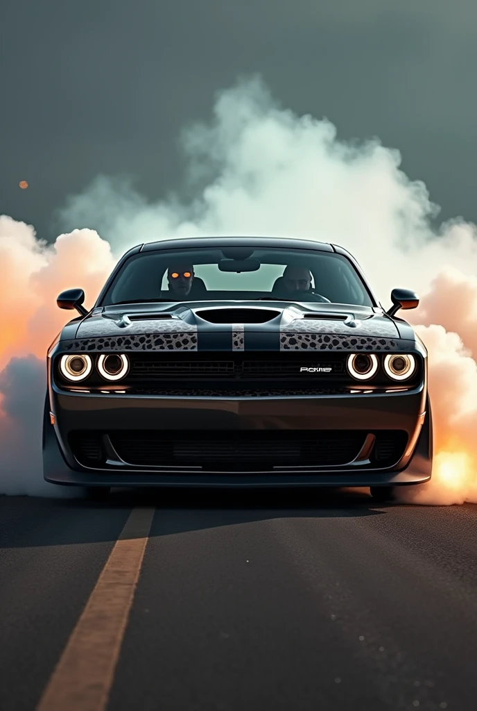 Dodge Challenger burnout with devil eyes in frount side view with a leopard