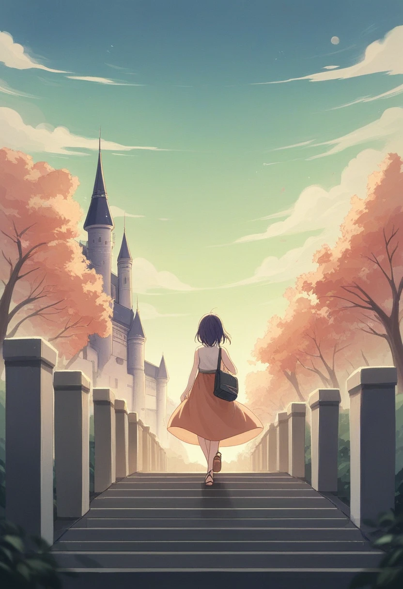 Prompt 3: "A serene Japanese woman in her late twenties with delicate rabbit-like features, calmly making her way home on a quiet Sunday evening. The sky is a dusky purple, slowly transitioning into night, with the silhouette of an Osaka Castle-inspired building and Higashi Osaka City Hall subtly illuminated in the background. She is dressed in a simple, yet chic, cream-colored sleeveless blouse and a flowing skirt, walking in comfortable sandals. A McDonald’s iced coffee is in her right hand, and she carries a 551 Horai bag in her left. The image should evoke a peaceful, almost minimalist atmosphere, with soft, muted colors, and a focus on simplicity and calmness. The image should be high-resolution, 9:16 aspect ratio.