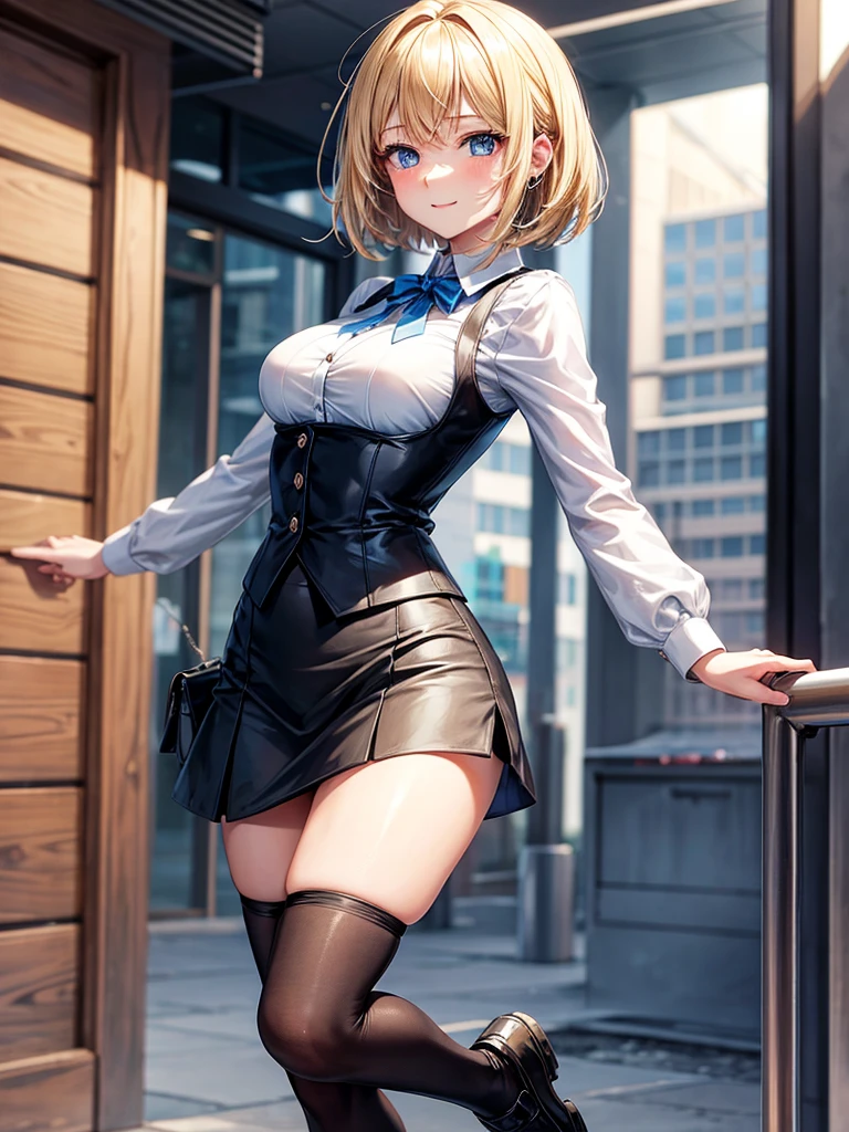 Anime style, super fine illustration, highly detailed, beautiful detailed, perfect detailed, super high quality image, static representation, gentle expression, happy expression, the pretty image, 8k, pretty 1girl with blonde straight short hair & blue eyes & a bright smile & full bust & soft fair skin is a female secretary not to show her skin wearing the business shirt & vest & black tight skirt & black pantyhose on the urban business buildings street, in the morning, happy stories, solo, perfect fingers, no more fingers, no less fingers, perfect arms, no more arms, perfect legs, no more legs, no more hair, masterpiece.