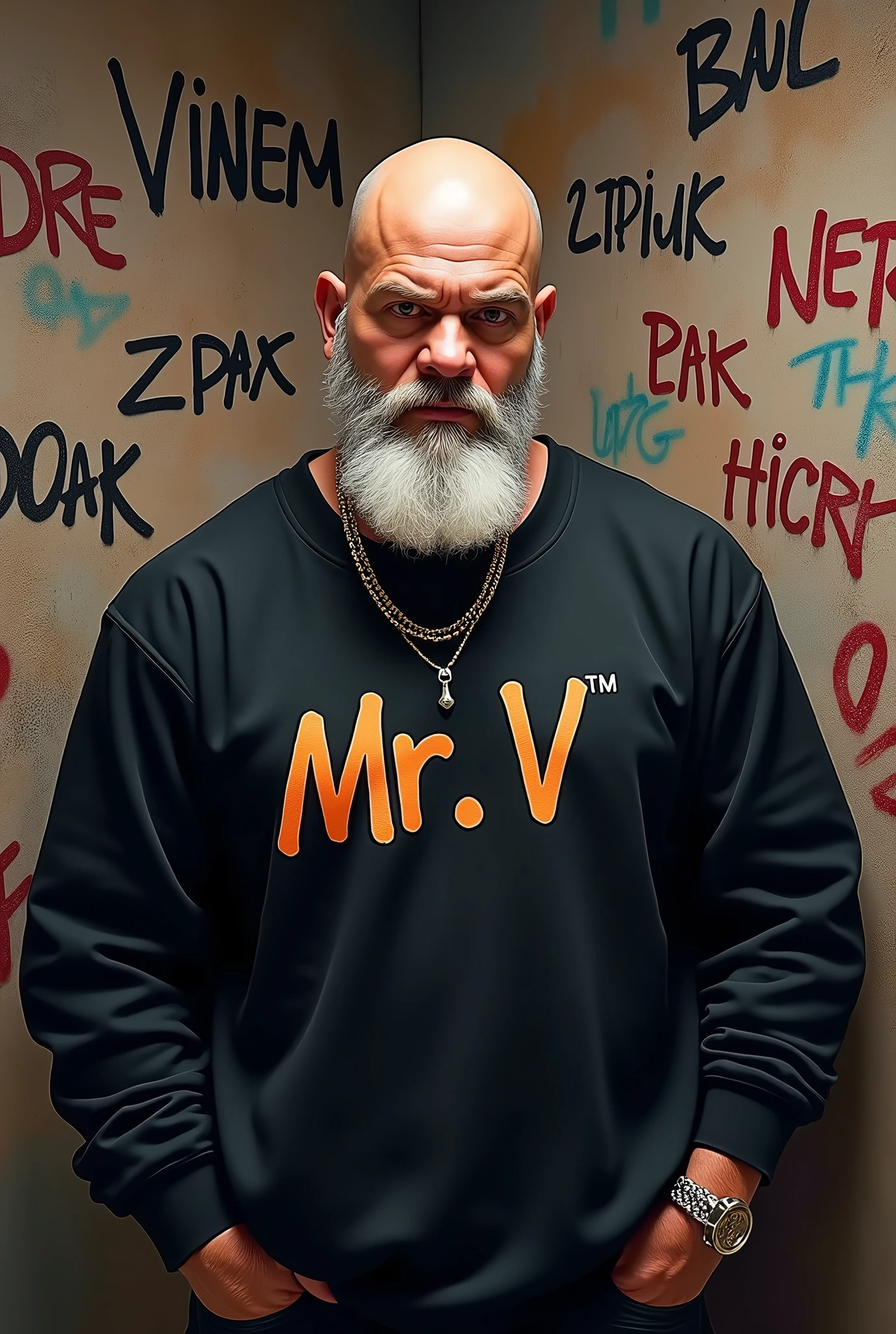 Main rapper Vito Mc white rapper 90 kg 1.70 tall bald white beard wearing black sweatshirt graffiti letters that say Vito Mc next to Dr Dre Eminem Nate Dog 2 Pac Dmx Mexicano777 Notorious Big Ace Cube Mala Rodriguez Zatu in recording studio with graffiti that says Mr V cartoon