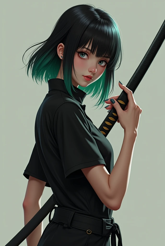 Fille réaliste avec une chemise noire, cheveux mi-long noir avec des pointes vertes, avec un katana à la main