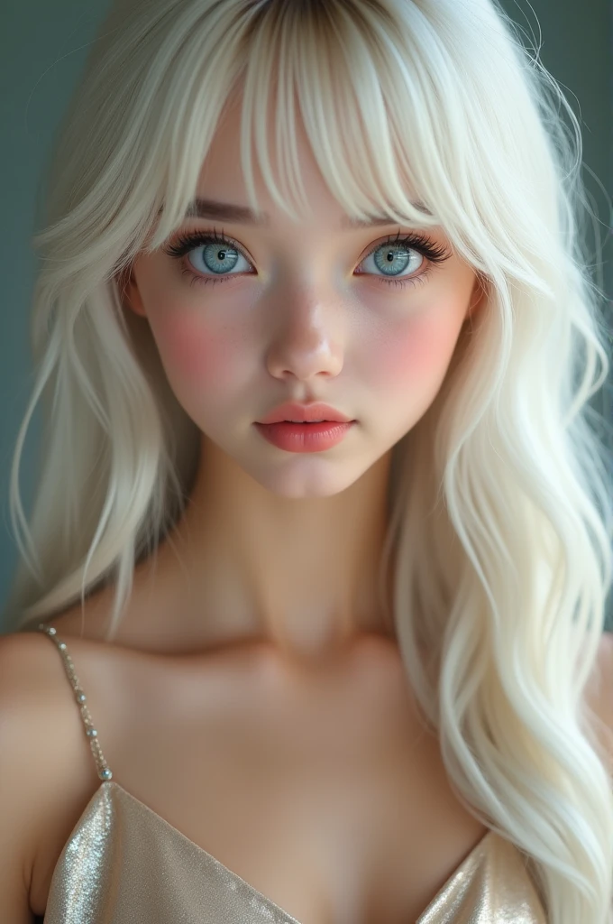 (a closeup:1.4)、(RAW shooting:1.2)、(Photorealsitic:1.4)、(masterpiece:1.3)、(top-quality:1.4)、bright expression、extremely beautyful girl、Extraordinary beautiful girl、Detailed cute and beautiful face、Beautiful bangs、Glowing white shiny skin、facial hairs、Bangs that extend to the face、Bangs between the eyes、Super long hair、Attractive light and dark platinum blonde super long straight silky hainer hair、Attractive glowing beautiful bright clear light blue big eyes、Luxurious dresses、Double eyelids、Lush bust、The upper part of the body、