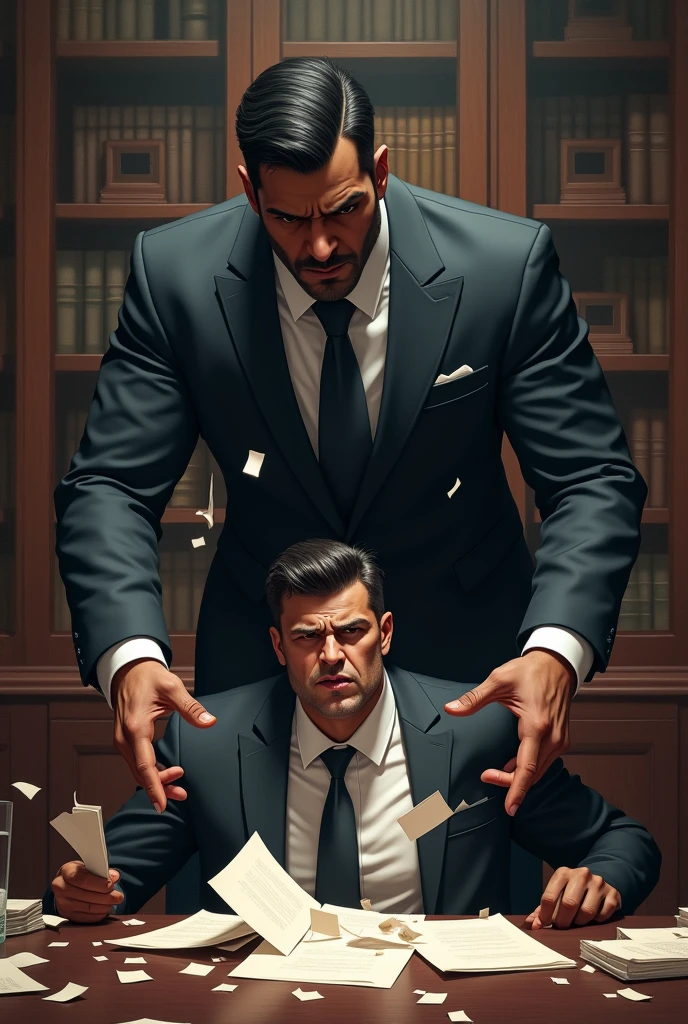 A male lawyer removing the leaves of his fellow lawyer, but with dark skin, throwing it on the floor,  damaging him and the image shows how the lawyer harms the other lawyer
