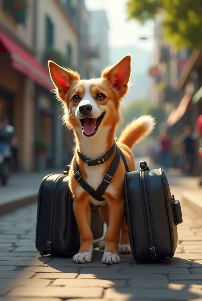 A dog go to travel with black bags