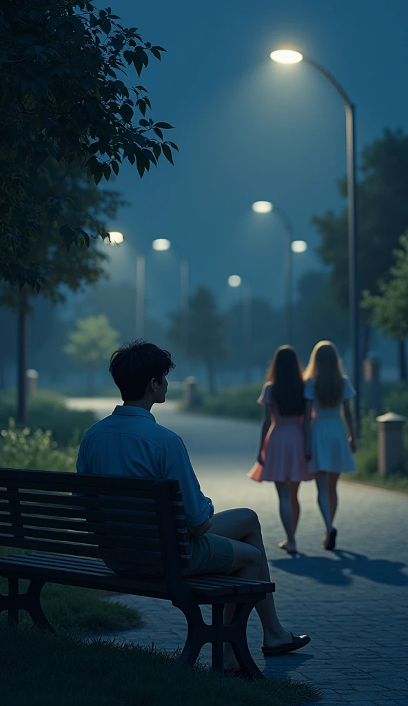 "A night setting in a serene park with several street lamps providing soft, warm lighting that gently illuminates the surroundings. The soft light casts subtle shadows on the ground, creating a calm and peaceful atmosphere. In the foreground, a young man is sitting on a wooden bench, looking thoughtfully ahead. His gaze is fixed on two beautiful young women walking together in the background. The women are dressed elegantly, one wearing a flowing dress and the other in more casual attire, their hair softly blowing in the night breeze. The scene captures a moment of quiet reflection and admiration, set against a backdrop of dimly lit trees and a quiet, moonlit night."