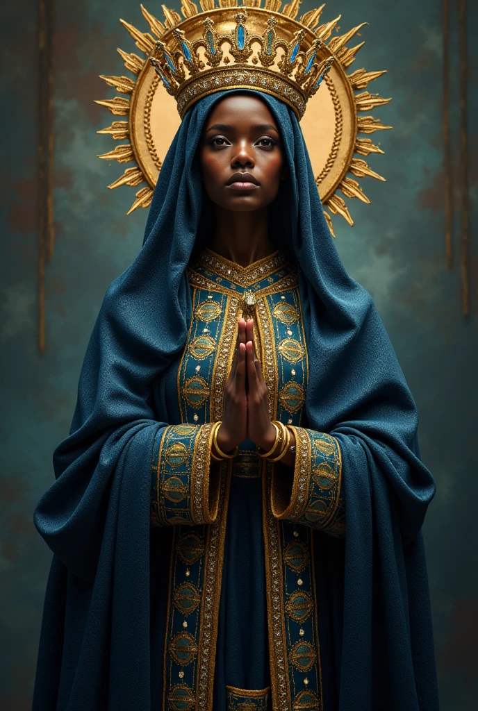 Our Lady Aparecida, black saint retinta, dressed in a shiny dark blue cloak with embroidered Brazilian flag, with glitter and rhinestones, with a large golden crown.