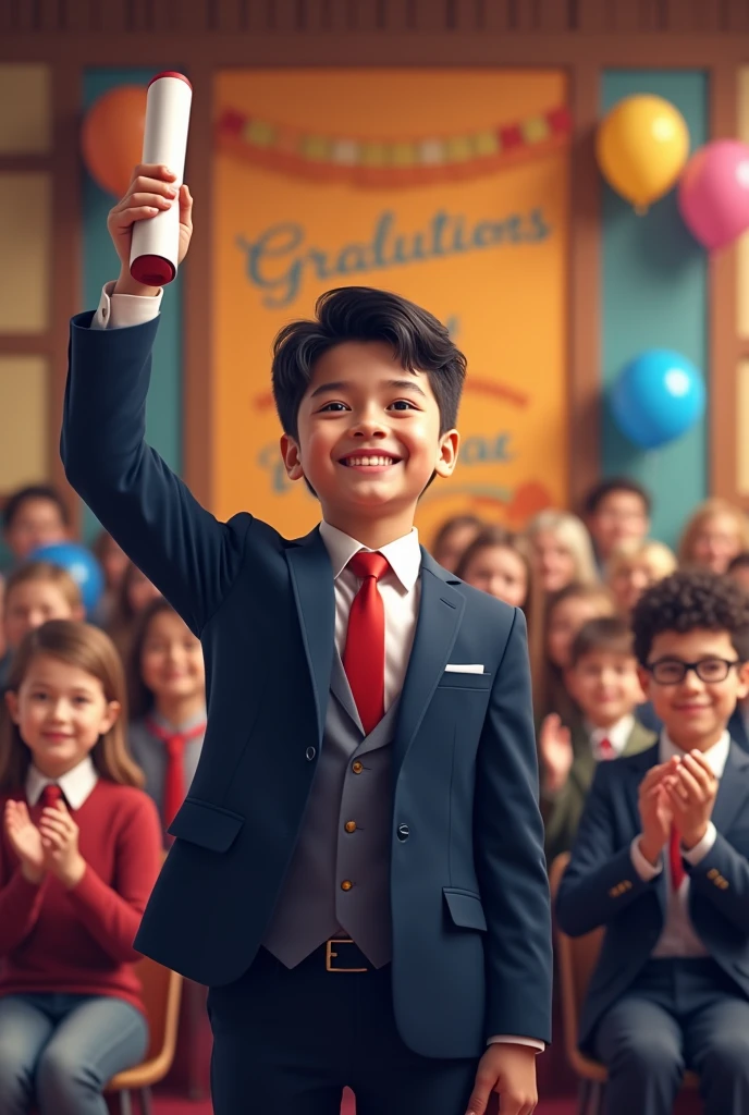 A highly realistic image of the same young boy, now about  with short black hair, standing proudly on a stage at his middle school graduation ceremony. He is dressed in a formal outfit: a navy blue suit with a crisp white shirt and a red tie. He holds his diploma in one hand, and his face is lit up with a radiant smile of achievement and joy. The stage is adorned with graduation decorations, including colorful balloons and a banner that reads 'Congratulations Class of [Year]'. The audience, consisting of parents, classmates, and teachers, is clapping and smiling, celebrating the moment. The scene captures the boy’s sense of pride and success as he receives his diploma, reflecting his journey from a lonely, struggling student to a triumphant graduate.