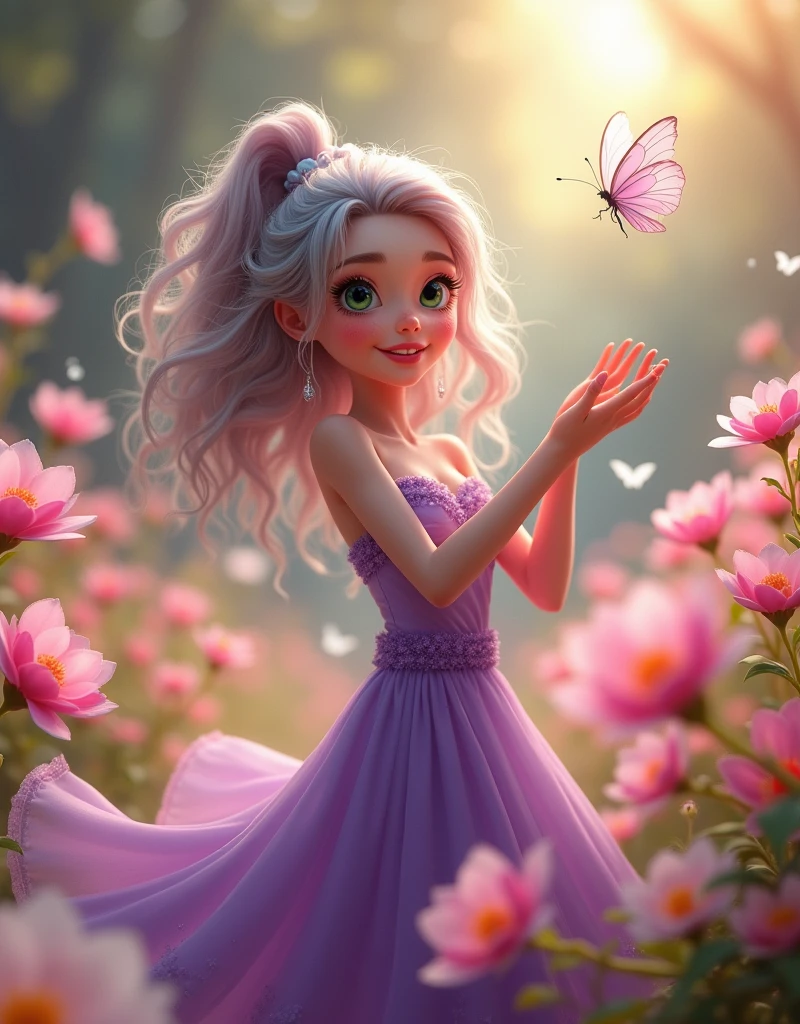 detail, Realism, 4K, , facial detailing, large green eyes, Plump lips, Upturned nose, Gray hair on pink hair, Wearing a Purple dress, flower 🌸 in his hands,, The girl is Dancing 🎶 ((happy)), Flowers in the background, White butterfly in the foreground, Realistic shooting, depth of fields, Soft front light, Glow, nffsw (PastelColors: 1.2), Canon RF 100mm f2.8L 宏 IS USM