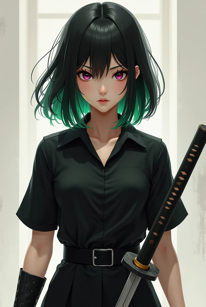 Fille réaliste avec une chemise noire, cheveux mi-long noir avec des pointes vertes, avec un katana à la main