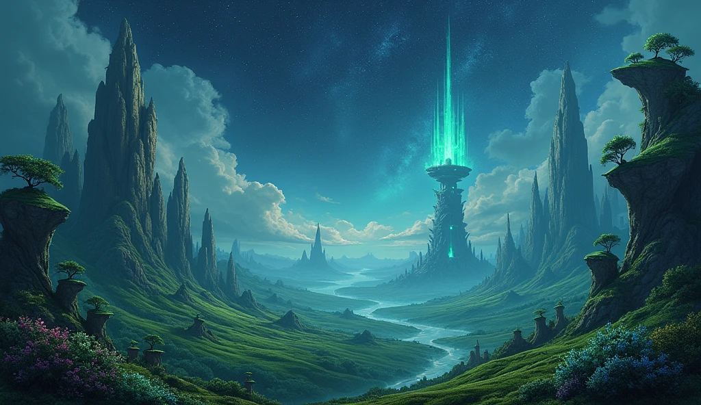 Fantastic landscape、Fantasy elements、Star-studded night sky、Emerald green、High quality、Super Real、