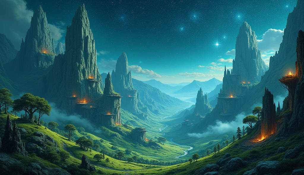 Fantastic landscape、Fantasy elements、Star-studded night sky、Emerald green、High quality、Super Real、