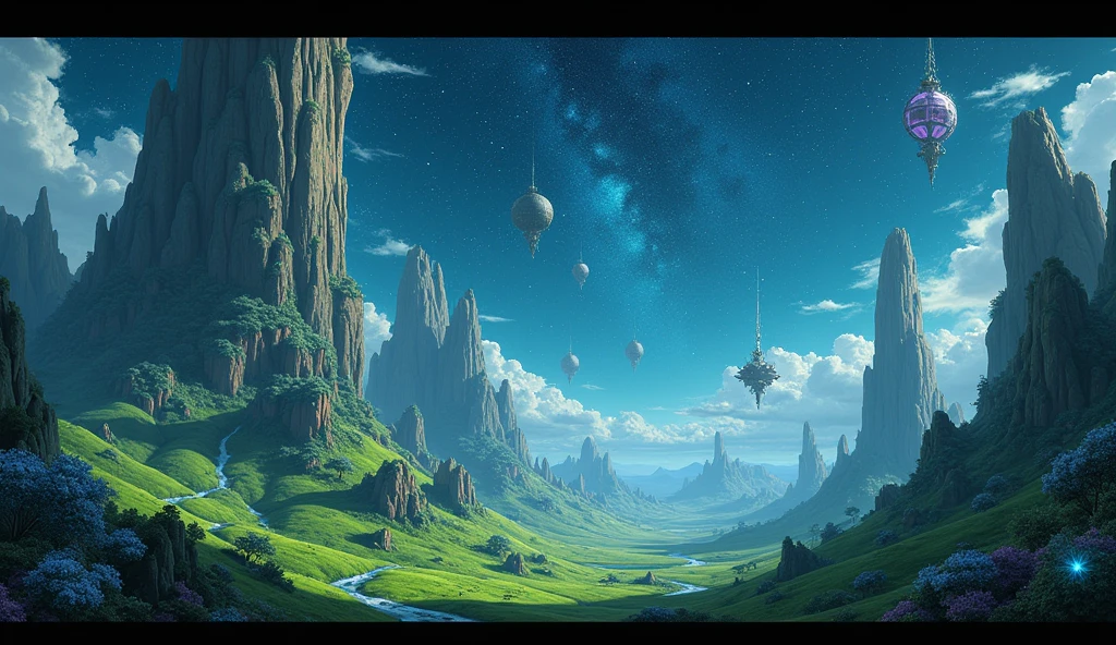 Fantastic landscape、Fantasy elements、Star-studded night sky、Emerald green、High quality、Super Real、