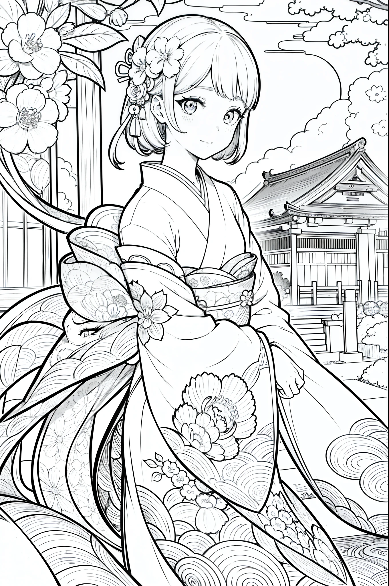 Obra maestra, superlativo,solamente, Dragon cute , flower line drawing background, fondo blanco, monocromo, line drawing, ((bosquejo)), spooky, white eyes, Please create a simple monochrome coloring book that even a can do, depicting a realistic and cute ukiyo-e illustration of a girl in a kimono, in various poses, with a Japanese garden in the background, that conveys Japanese culture.