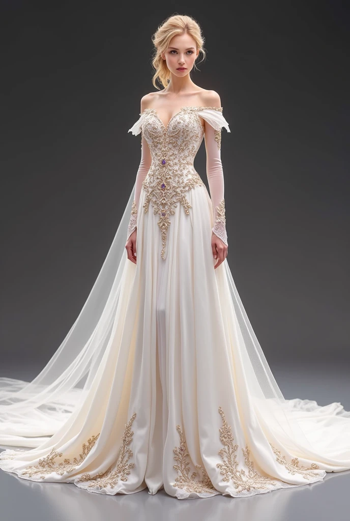 ### **Stylish wedding dress designs for catching:**
**1. **silhouette and Structure:**
- **silhouette:** A classic A-line dress with a fitted bodice and full skirt, flowing skirt. 이 silhouette은 시대를 초월한 우아함을 지니고 있습니다.
- **train:** Cathedral-length train for dramatic effect, Add grandeur.
**2. **Color palette:**
- **Color:** Use pure white as the base for your dress for a classic and elegant look..
- **Accent Color:** Amethyst and gold are used for details and decoration..
**3. **Fabrics and textures:**
- **Base fabric:** Use high-quality silk satin or taffeta for a smooth, glossy finish..
- **sheathe:** Add texture with multiple layers of delicate white lace or organza.
- **Embellishment:** Use amethyst and gold thread embroidery or beading to add a subtle yet sophisticated sparkle..
**4. **Design Elements:**
- **neckline:** 클래식한 스위트하트 neckline 또는 시어 레이스 오버레이가 있는 하이 neckline. Consider gold embroidered lace trim for a regal touch..
- **Sleeve:** long, 아메시스트와 금색 디테일이 있는 시어 레이스 Sleeve 또는 섬세한 금색 악센트가 있는 오프숄더 Sleeve를 선택합니다.
- **bodice:** Decorated with elaborate amethyst beading or embroidery, Can be used in floral or geometric patterns for added elegance.
**5. **part:**
- **pitching:** Gold tiara or hair pin with amethyst accents, Reflects Keching's refined and dignified character.
- **veil:** 가장자리에 금색 자수와 은은한 아메시스트 악센트가 있는 흰색 veil로 룩을 마무리합니다.
**6. **Additional Touch:**
- **Belt or sash:** 아메시스트 보석이나 자수가 있는 금색 Belt or sash를 허리에 둘러 드레스를 꽉 잡아주고 세련됨을 더합니다.
- **inside wall:** Consider a subtle amethyst lining on the inner layer of the skirt to allow the color to be revealed subtly as the dress moves..