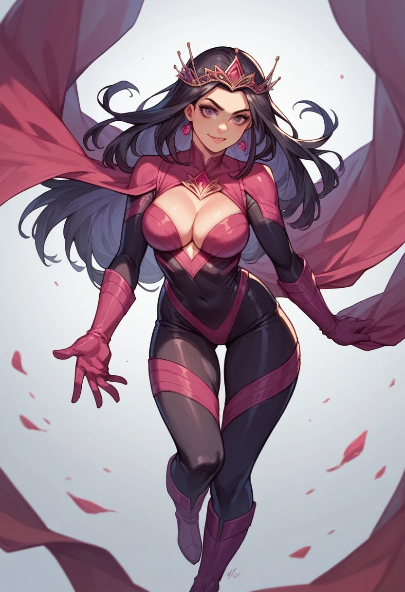 1woman, beautiful, long black hair, magenta tiara, magenta and black bodysuit, magenta gloves, magenta high boots, superhero, breast cleavage