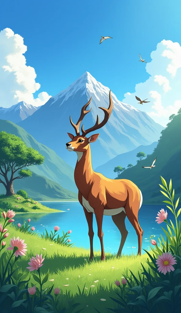 A realist anime antelope standing the green grasses with mountain background and looking at the sky, with acacia trees and a clear blue sky in the background and with water lake near, birds flying and butterflies . Hawaii illustration , reteo comic illustration