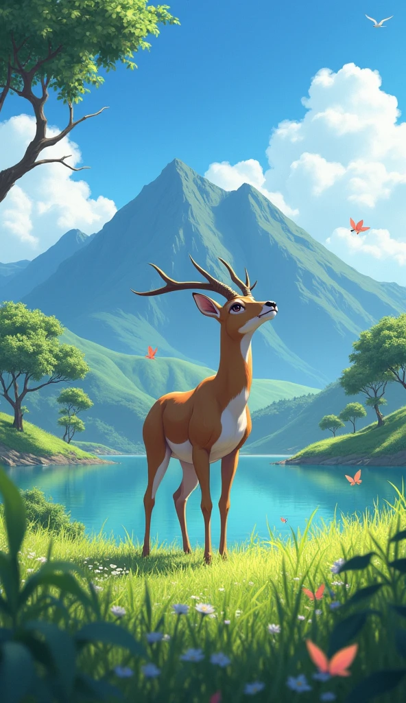A realist anime antelope standing the green grasses with mountain background and looking at the sky, with acacia trees and a clear blue sky in the background and with water lake near, birds flying and butterflies . Hawaii illustration , reteo comic illustration