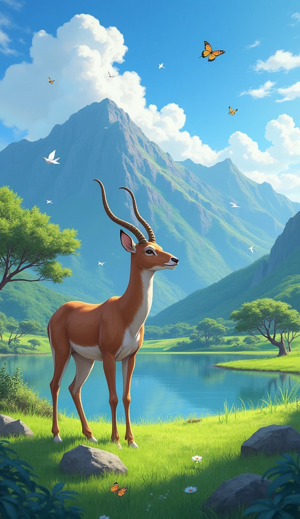 A realist anime antelope standing the green grasses with mountain background and looking at the sky, with acacia trees and a clear blue sky in the background and with water lake near, birds flying and butterflies . Hawaii illustration , reteo comic illustration