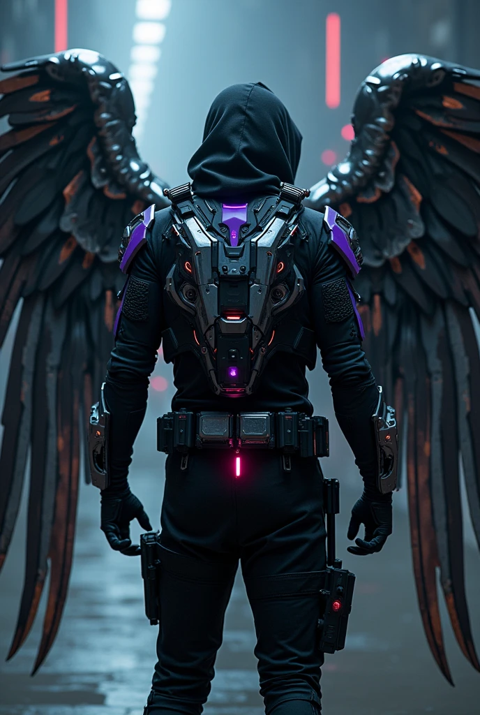  
A man stands with his back to the viewer, dressed in futuristic tactical gear. His outfit is a mix of modern tank designs and high-tech elements, mainly in black, with purple accents, silver, neon blau, and red. On his back, he has mechanical wings made of shiny metal, adorned with neon lights that glow in blue and red. The wings are elaborately designed, with a touch of futuristic technology. The man is wearing a hood, which is pulled low over his head, his face hidden in the shadow. The scene is dark and mysterious, with a slightly futuristic shimmer from the neon lights. The wings are reminiscent of angel wings and are retracted. The wings are bigger than the man. The wings are attached to his back 