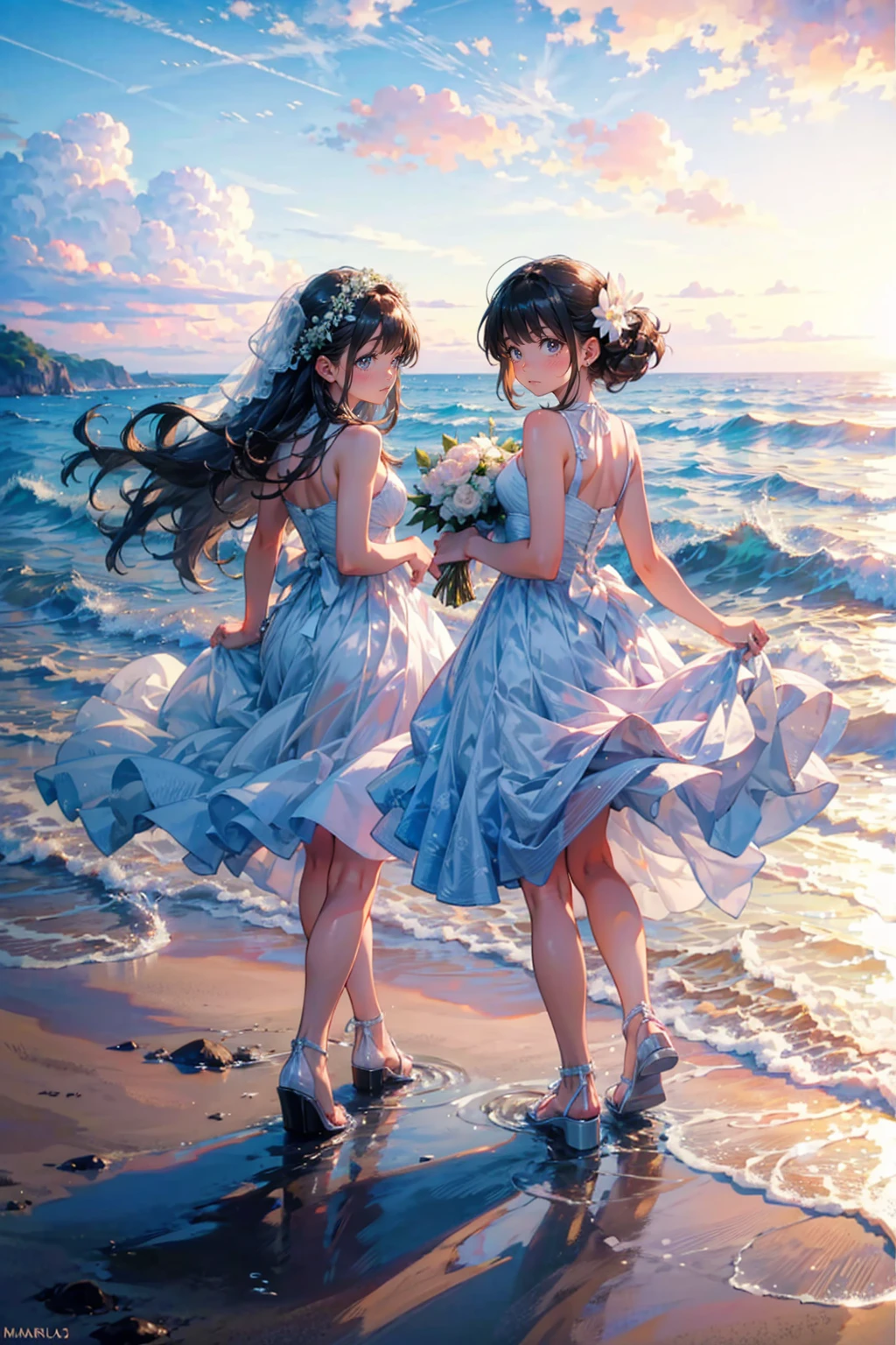 2girls,cute,they wear wedding dress,white,take a photo,in beach,brilliant sea,brilliant sky,at morning